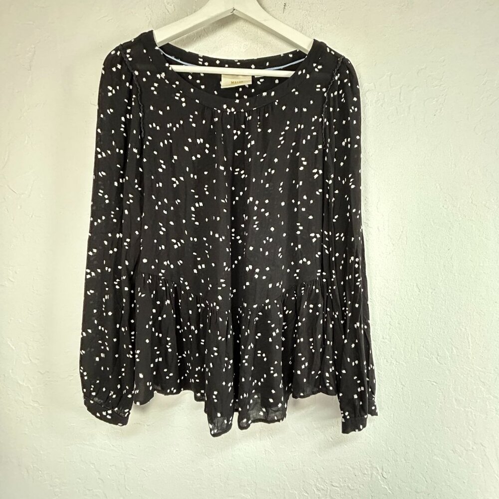 Maeve By Anthropologie Womens Black White Polka Dot Peplum Blouse Top Small